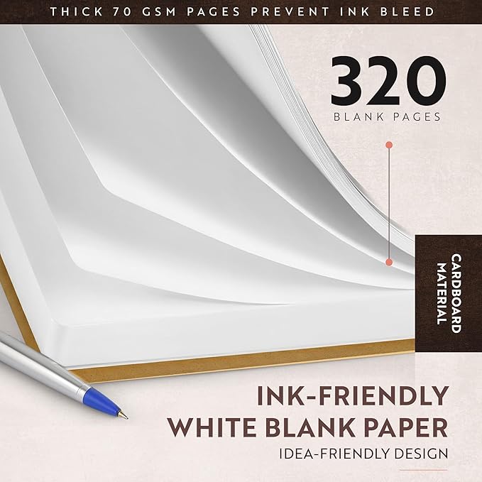 moonster Blank Journal Notebook Paper - A5 Journal Refill - for Refillable Leather Journal - Premium Milled Inserts Blank Sketch Book, Unlined Notepad 8.25 x 5.8 Inch, with 320 Pages 70gsm & Bookmark