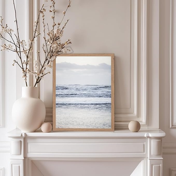 Monem Art Pastel Ocean Waves Seascape Photography Print - Minimalist Coastal Landscape Art Poster - Wall Decor for Living Room, Bedroom or Office - 12x16 Beige Framed Wall Art by Mareike Bohmer
