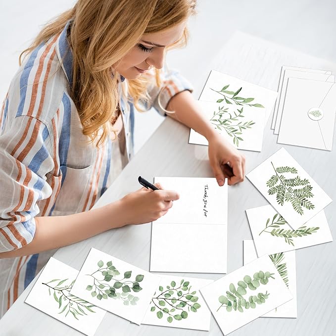 50PCS Greenery Blank Cards and Envelopes Bulk 4x6 Inch Watercolor Botanical Greeting Cards With Envelopes Stickers Green Leaves Plants Thank You Note Card For Birthday Baby Bridal Shower Wedding