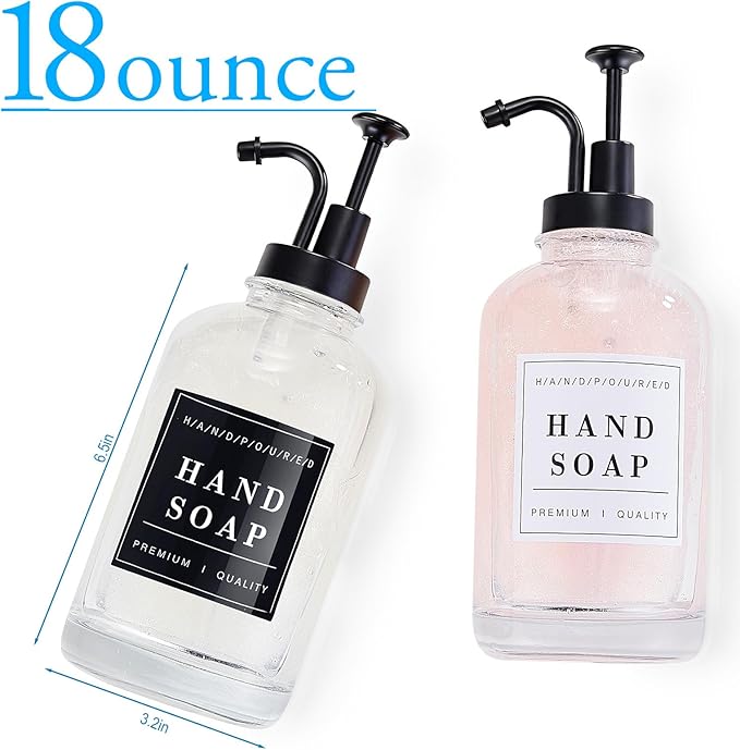 Glass Soap Dispenser with Pump,Tray,Funnel, Countertop Soap and Lotion Dispenser Set of 2, Dish and Hand Soap Dispenser Bottle for Kitchen,Bathroom,Shower, with 60 Stickers, 500ml/16.9oz