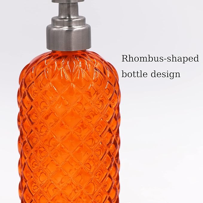 16 oz Diamond Pattern Glass Soap Dispenser, Kitchen and Bathroom Refillable Soap Dispenser with Rust Resistant Stainless Steel Pump for Hand Soap, Lotion Glass Liquid Dispenser (2pack)