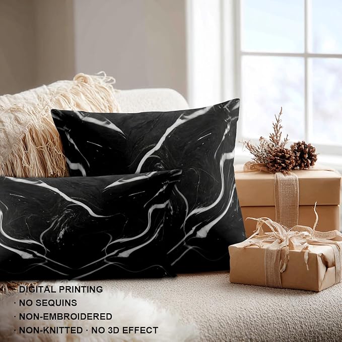 Shrahala Marble Black Decorative Throw Pillow Cover, Skin Black Marble Lumbar Pillowcase Blended Double-Sided No Inserts for Bedroom Living Room Set of 2 (12 X 20 in)