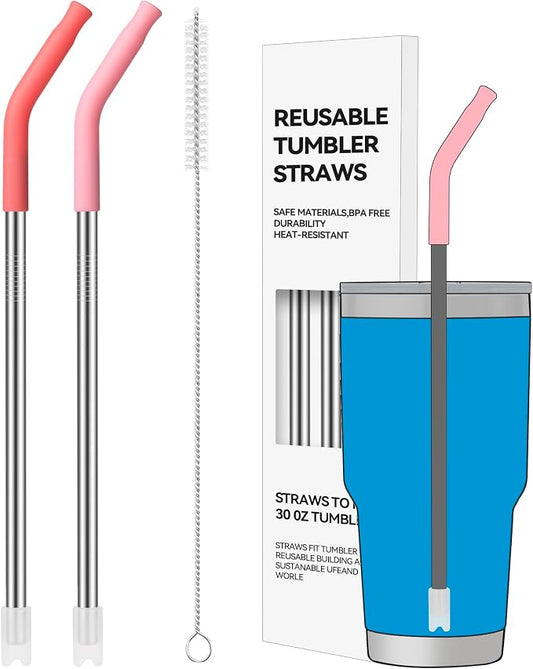 2 PCS 30oz Reusable Straws Ideal for 30oz Stanley Cup & 24oz Tumblers | Stainless Steel Drinking Straw with Anti-Clank Silicone Bottom, Fits Most Medium-Size Mugs