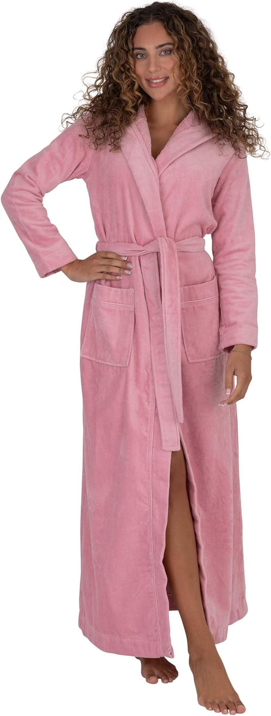Be Relax Bathrobe for Women - Full Length Terry Cotton Robe with Shawl Collar and Hood, Warm and Cozy Robe with Belt & Pocket