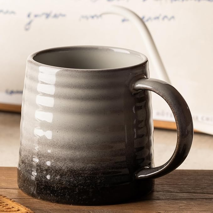 15.5 Oz Large Reactive Glaze Ceramic Mug, Heavy Weighted Stoneware Coffee Cup, Wide Base, Thick Wall Big Tea Cup with Custom Package Box, Microwave & Dishwasher Safe (Grey Black)