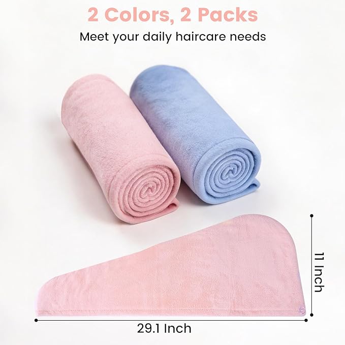 2 Pack Microfiber Hair Towel Wrap for Women, Large Fast Drying Hair Towel Turban, Ultra Soft Thick Anti-Frizz, Double Stitched Edges & Stay in Place No Slip Design for Curly Long Wet Hair(Pink/Blue)