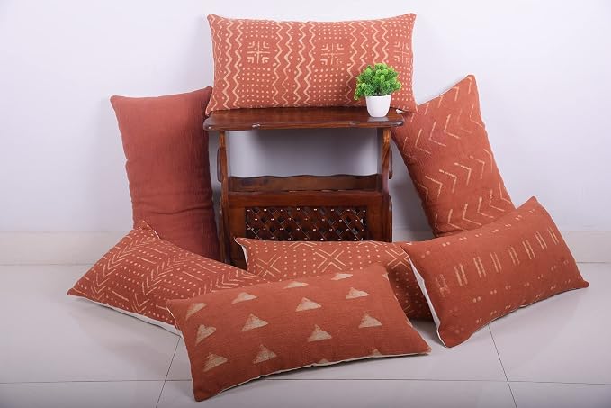 Trade Star 100% Cotton Throw Pillow Cover Handwoven Oblong Pillow Case Indian Cushion Cover Boho Luxury Living Room Decor Ethnic Rectangle Spring Pillow Case (Rust ALMA 12X24 INCHES)