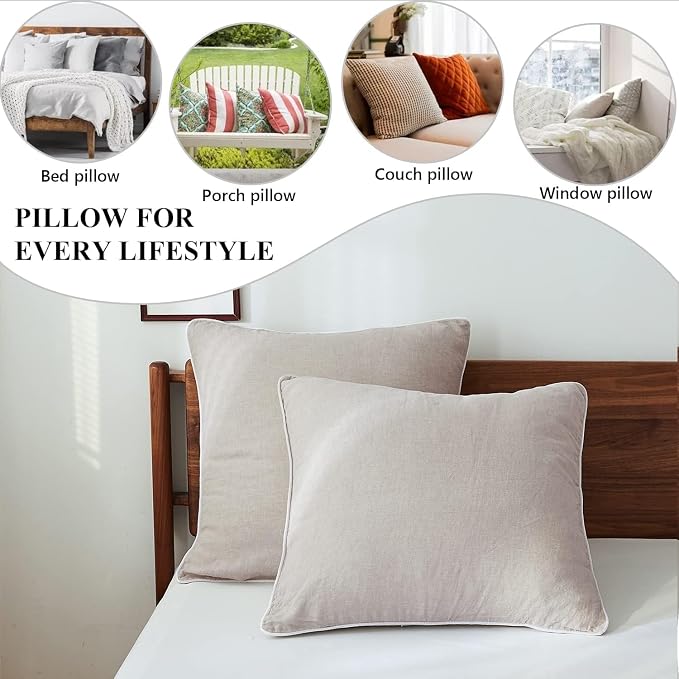 Simple&Opulence 100% Linen Euro Sham Covers with Piping Trim, 26"x26" Pillow Cover Set of 2, Breathable Pillow Shams for Bed Couch Decorative Cushions, Linen