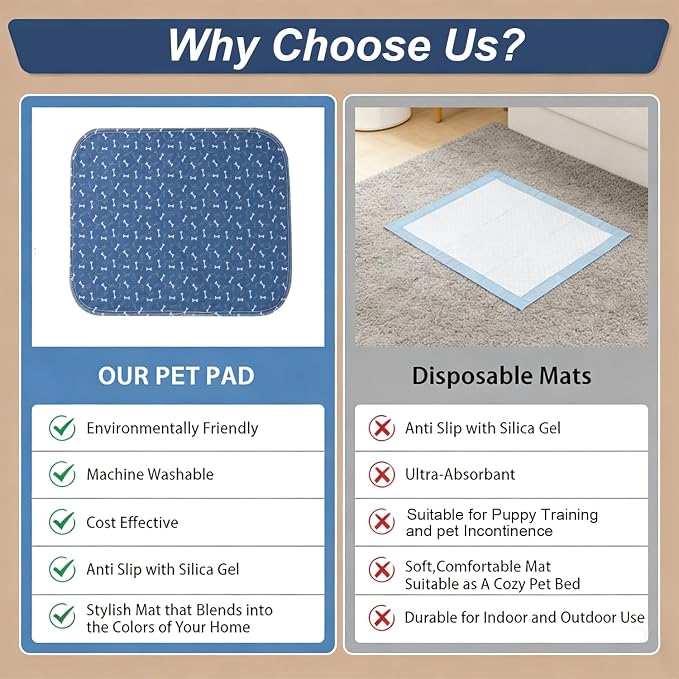 Puppy Pads with Pheromones, Washable Pee Pads for Dogs Potty Training, Reusable Dog Mat with Pet Hair Removal Gloves for Playpen, Crate, Whelping Box (Blue,L)