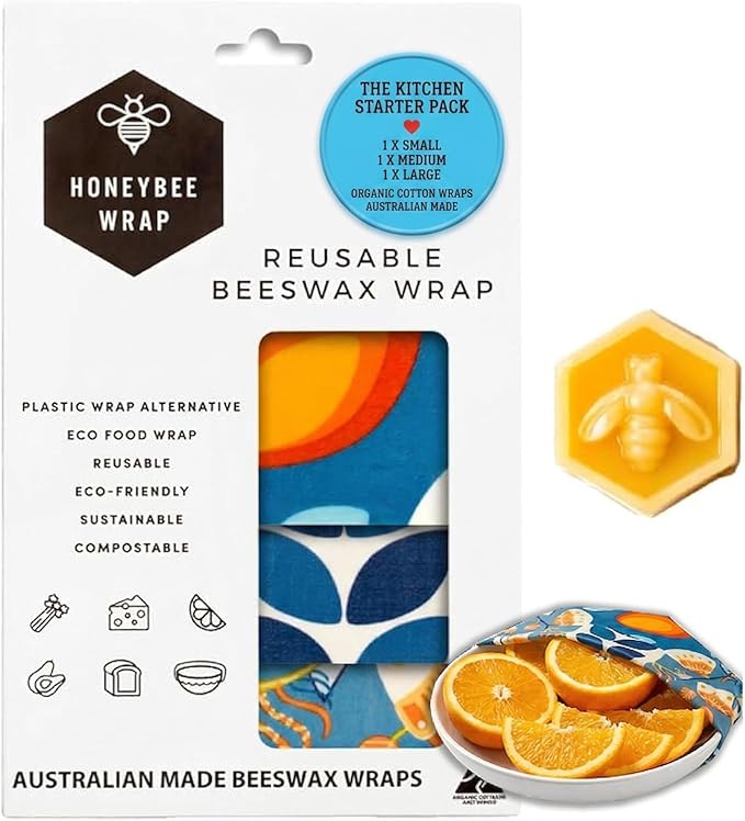 Honeybee Beeswax Wraps - Kitchen Starter Pack with Wax Replenish Block - Certified Organic Cotton Beeswax Wrap - Reusable Beeswax Food Wrap - 3 Pack - Small, Medium & Large
