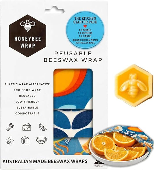 Honeybee Beeswax Wraps - Kitchen Starter Pack with Wax Replenish Block - Certified Organic Cotton Beeswax Wrap - Reusable Beeswax Food Wrap - 3 Pack - Small, Medium & Large