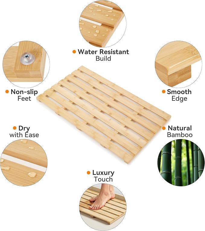 Bamboo Bath Mat, Non-Slip Waterproof Shower Mat with Rubber Feet Luxury Spa-Grade Wooden Floor Mat for Bathroom, Bathtub, Sauna, Indoor & Outdoor Use