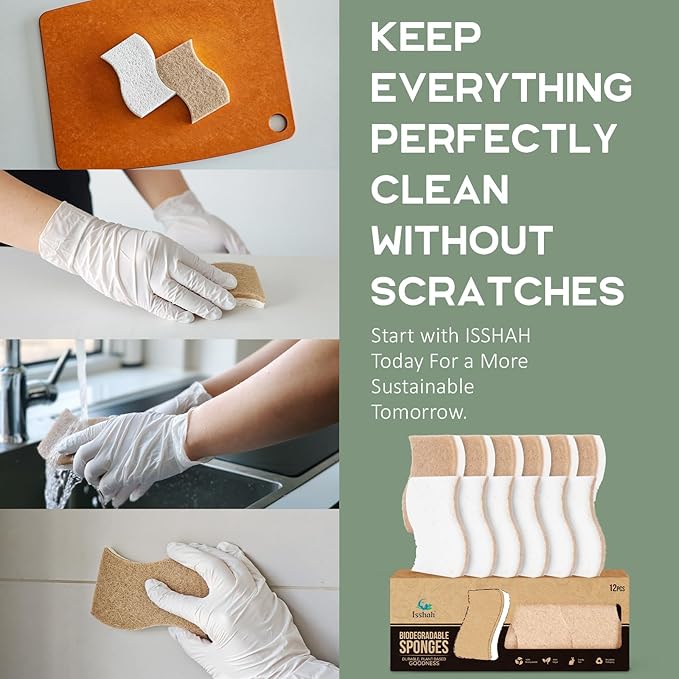 Isshah Plant-Based Natural Kitchen Sponges for Dishes- FSC Certified and PETA Approved, 12 Count