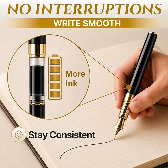 Château Avant Fountain Pen Set | Refillable Black Fountain Pen with Black Ink Bottle, Fine Nib, and Converter | Smooth Writing Gift Set for Beginners, Men, and Women
