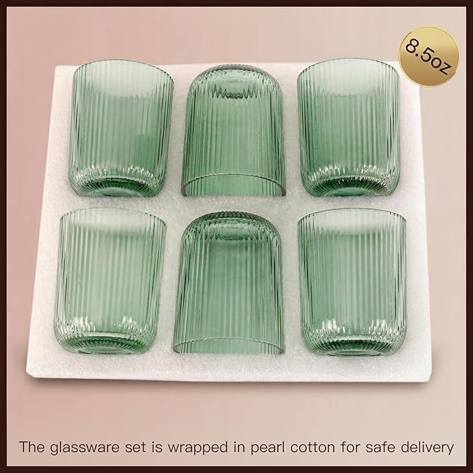 Green Ribbed Highball Glasses Set of 6, 8.5oz Sage Green Vintage Glassware, Drinking Glasses for Water, Juice, Coffee, Cocktails, Green Glass Cups, Housewarming & Christmas Gift