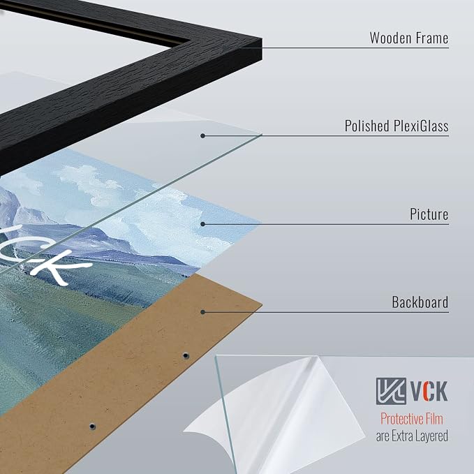 VCK 13x19 Picture Frame Set of 4 - Black, Gallery-Quality Wood Poster Frames, 1.1-Inch Wide Border, Polished Plexiglass, Vertical or Horizontal Wall Display for Photo/Art/Prints, Black