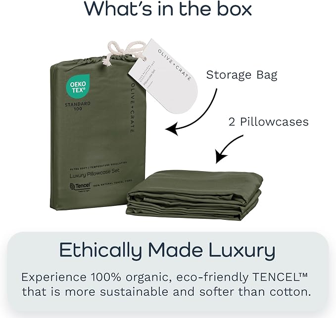 Olive + Crate Tencel Eucalyptus Pillowcases - 100% Tencel Lyocell Cooling Pillow Cases for Hot Sleepers - Hypoallergenic, Moisture-Wicking, Silk Alternative, Vegan - King Size Set of 2 [Moss]