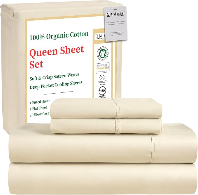 Queen Sheet Set- 100% Organic Cotton Sheets Queen – GOTS & OEKO-TEX Certified Sateen Weave Soft, Breathable & Durable 15" Deep Pocket Cooling Sheets – Sustainable Gift-Ready Packaging- Ivory
