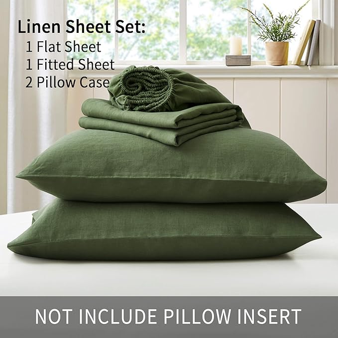 ATLINIA 100% Pure Flax Linen Bedding Set - Stone Washed French Linen Fabric Deep Pocket Fitted Sheet Farmhouse Flat Sheet 2 Pillowcases (Green, Queen)