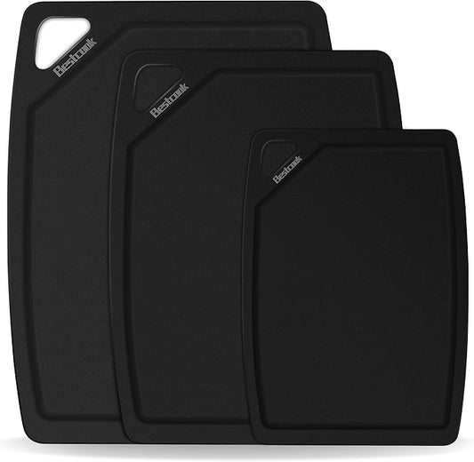 BESTCOOK Wood Fiber Cutting Board Set of 3, Composite Chopping Boards with Juice Groove, Dishwasher Safe, Non-Toxic, BPA-Free, Non-Porous, Non-Slip Feet for Cutting Meat, Vegetables, Fruit (Black)