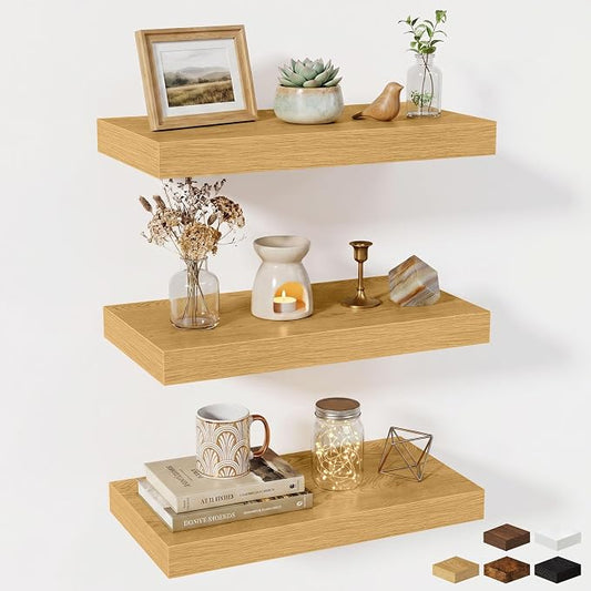 Fun Memories Wood Floating Shelves 20 Inch, 10 Inch Deep Shelves Wall Mount, Wall Shelves with Invisible Bracket, 20" Floating Shelves for Living Room Bathroom Bedroom, Oak, Set of 3