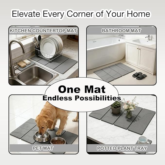 23.6"×15.7" Diatomaceous Earth Stone Dish Drying Mat, Foldable Super Absorbent Quick Dry Non-Slip Eco-Friendly Pad for Kitchen Counter, Dishes, Cups, Bottles & Utensils, Light Gray