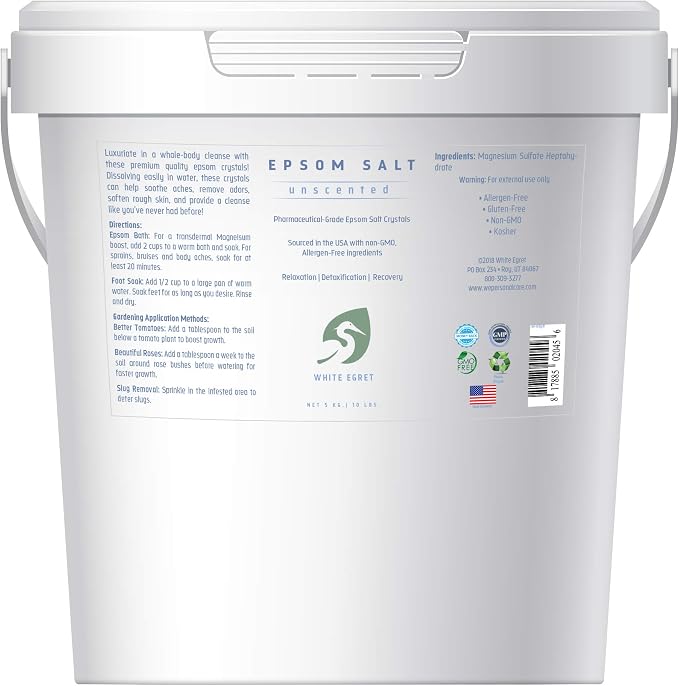 White Egret Epsom Salt Bulk 10 lb - Pure and Premium Magnesium Sulfate Crystals for Soothing Baths and Wellness - Elevate Your Relaxation