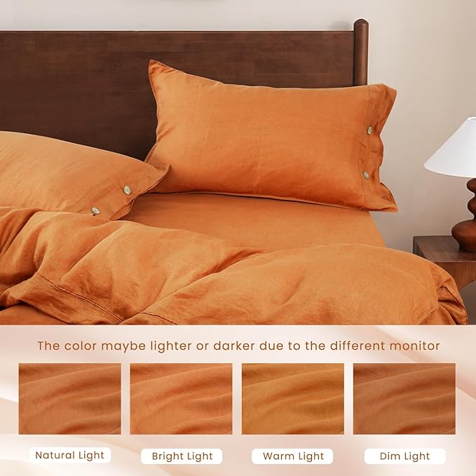 S VICTORY SYMBOL 100% Pure Linen Duvet Cover Set 3pcs,Natural French Washed Flax Solid Color Soft Breathable (1 Duvet Cover and 2 Pillowcases) with Coconut Buttons Closure(Full,Pumpkin)