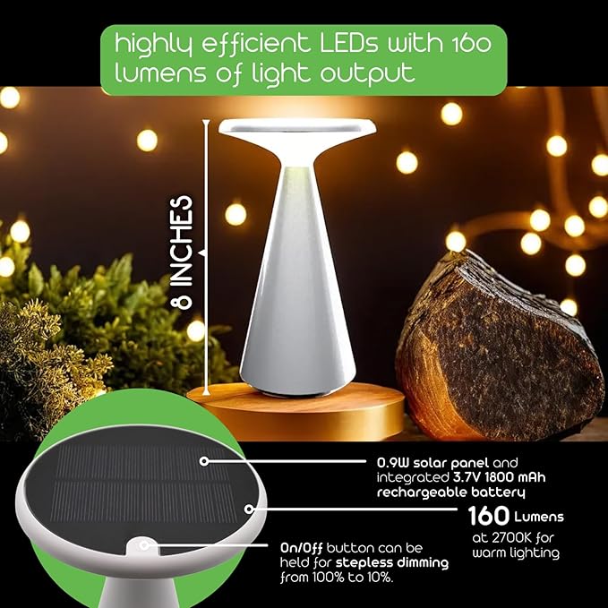 Portable Solar Powered Mushroom LED Table Lamp - Indoor/Outdoor Use - Stepless Dimming - Up to 45 Hour Rechargeable Battery - 1.6W, 160 lumens, 2700K - IP44 Weather Resistant - White