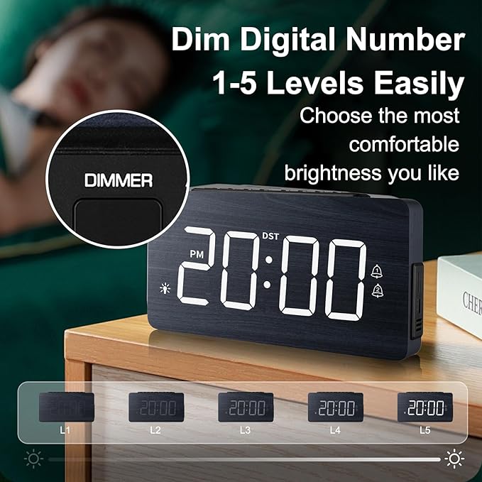 LICHI Wooden Digital Alarm Clock for Bedrooms， Loud Alarm for Heavy Sleepers, Dual Use as Desk/Wall Clock, Adjustable Volume, Dimmer, DST - Wood Decor & Gifts