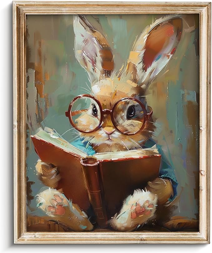 Vodefoad Cute Easter Bunny Reading Book Print Art Vintage Tiny Rabbit Big Glasses Wall Art Pring Nursery Painting Cute Animal Wall Decor Light Academia Decor Whimsical Rabbit Decor - 8x10Inch Unframe