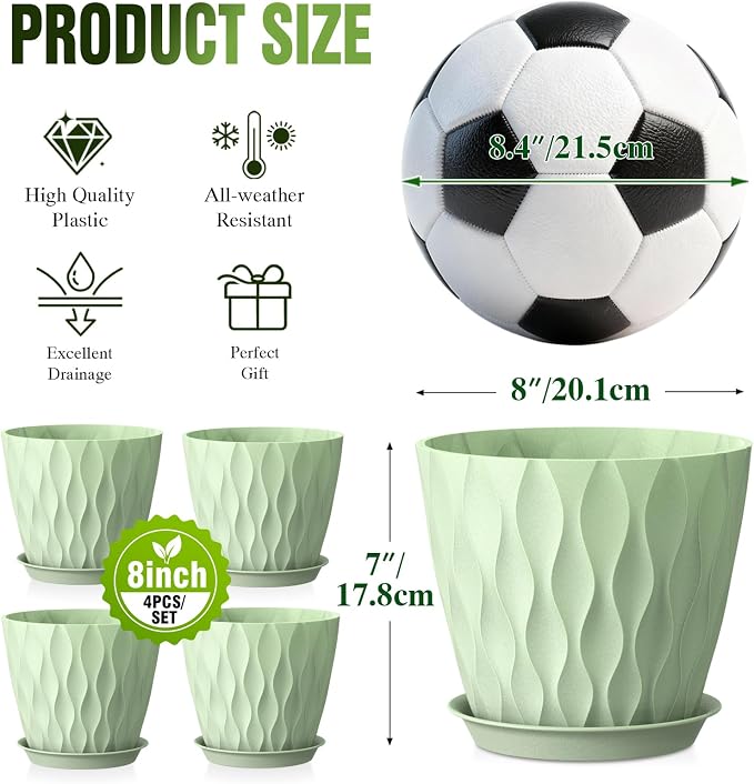 8 Inch Plant Pots 4 Pack Plastic Planters with Drainage & Saucers | 8 inch 4 pack plastic plant pots with 3D water ripple texture, drainage holes and saucers for indoor outdoor plants