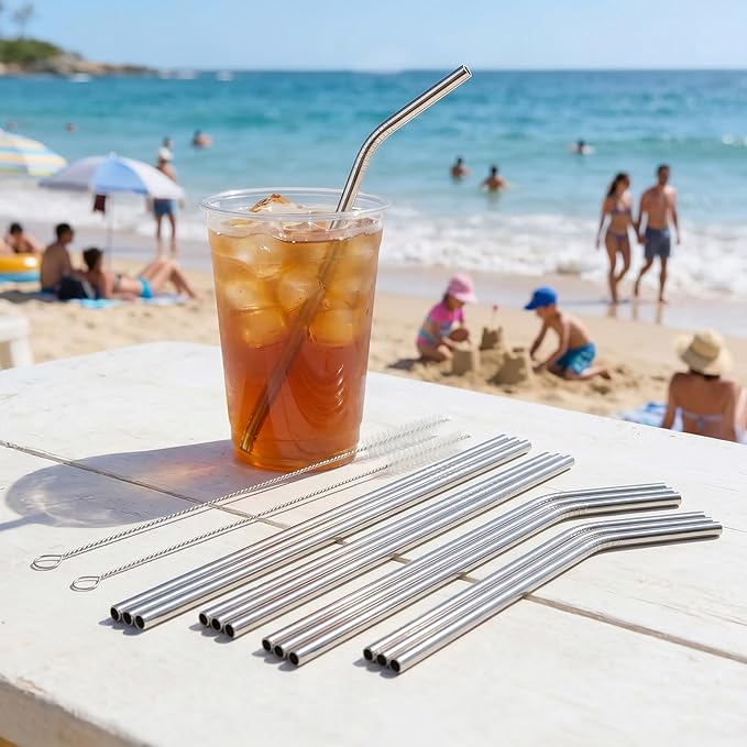 16 Pack Reusable Stainless Steel Metal Straws, 4 Straight + 4 Bent 10.5 Inch and 4 Straight + 4 Bent 8.5 Inch Metal Straws with 2 Cleaning Brushes, Straw Compatible with 20/30 oz Tumbler