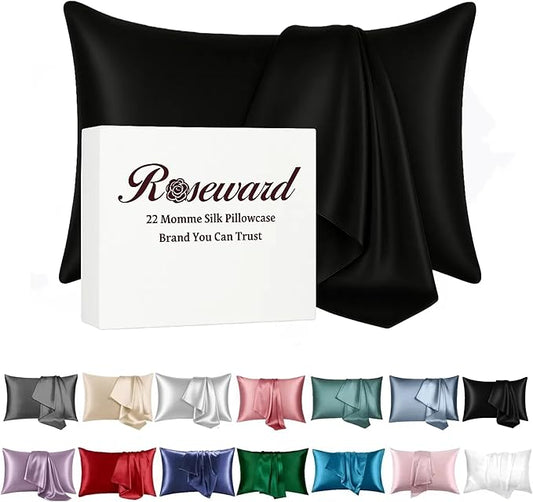 Black Silk Pillowcase with Natural Dye Made in USA, Oeko-TEX Certified Real 22 Momme King Silk Pillow Cases with Zipper for Beauty Sleep, Anti Aging, 1 Pack 20"x36" (King, Black)