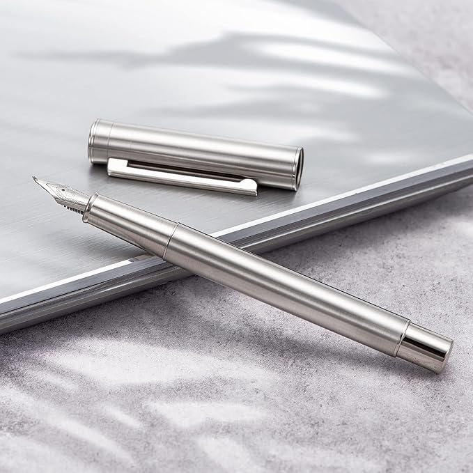 HONG DIAN Forest Pro Silver Stainless Steel Fountain Pen, Bent Nib for Fude Calligraphy Writing (Fine to Broad) with Converter and Metal Pen Box Set