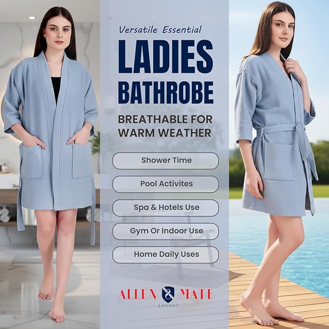 ALLEN & MATE 100% Cotton Women's Short Robe Dual Fabric Waffle Outside & Terry Towel Inside Kimono Bathrobe Medium Weight