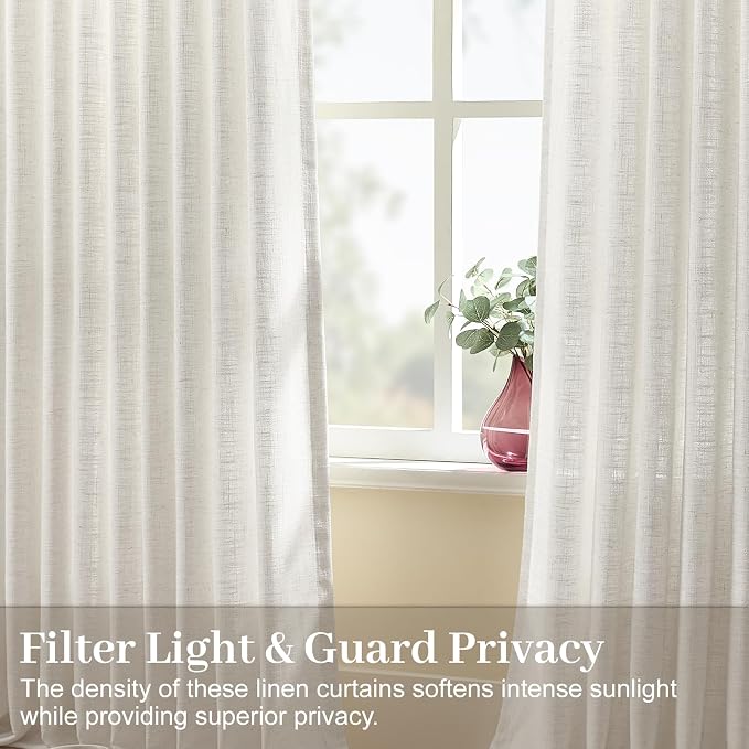 96 Inch Linen Curtains for Living Room, Light Filtering Pinch Pleated Semi Sheer Curtains Rustic Textured Back Tab Drapes with Hooks Rings for Bedroom Dining Room, Beige White, W40xL96, 2 Panel