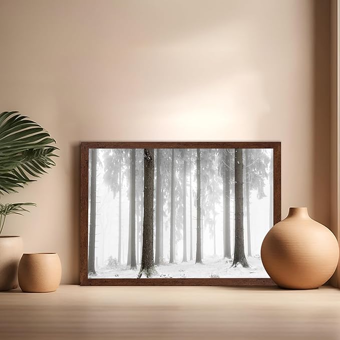 Monem Art Foggy Winter Forest Photography Print - Minimalist Snowy Landscape Poster - Wall Decor for Living Room, Bedroom or Office - 16x20 Brown Framed Wall Art by Mareike Bohmer