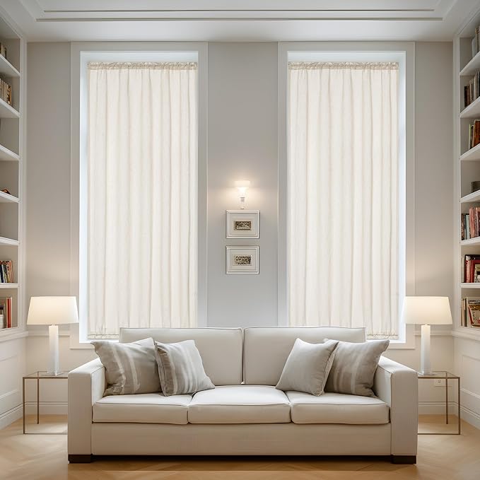 Linen Blended French Door Curtain for Kitchen Doorways Side Door Window 25 x 72 Inches Long Curtains 2 Panels Natural Privacy Protection Semi Sheer Light Filgtering Curtains Beige Rod Pocket