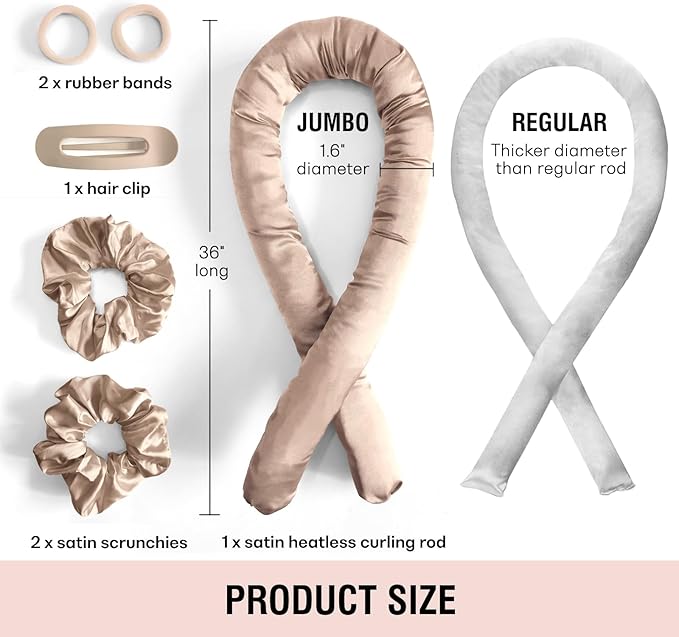 Jumbo Heatless Hair Curler Set-Satin Heatless Curls Overnight, Jumbo Curling Rod Headband, No Heat Curlers To Sleep in (Beige)