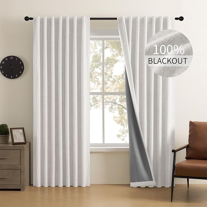 CUCRAF Custom Linen 100% Total Blackout Curtains, Greyish White Back Tab and Rod Pocket Curtain for Living Room Bedroom, Light Blocking Drapes Thermal Insulated 1 Panel (Custom Size, Color)