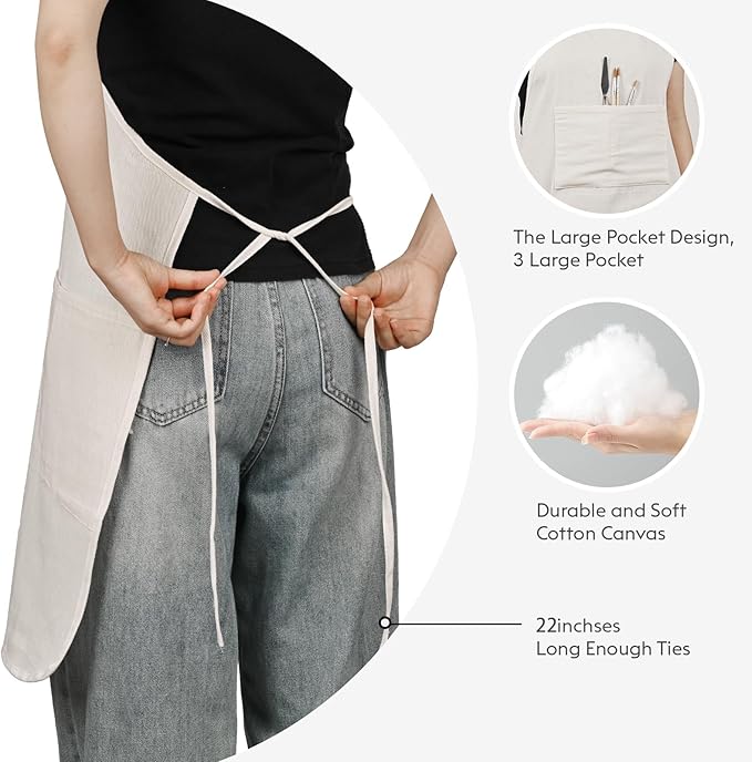 KEVIN&SASA CRAFTS Painting Apron for Men and Women, Professional for Acrylic, Oil and Watercolor Painting, With 3 Pockets, Adjustable Cotton Canvas Bib Apron