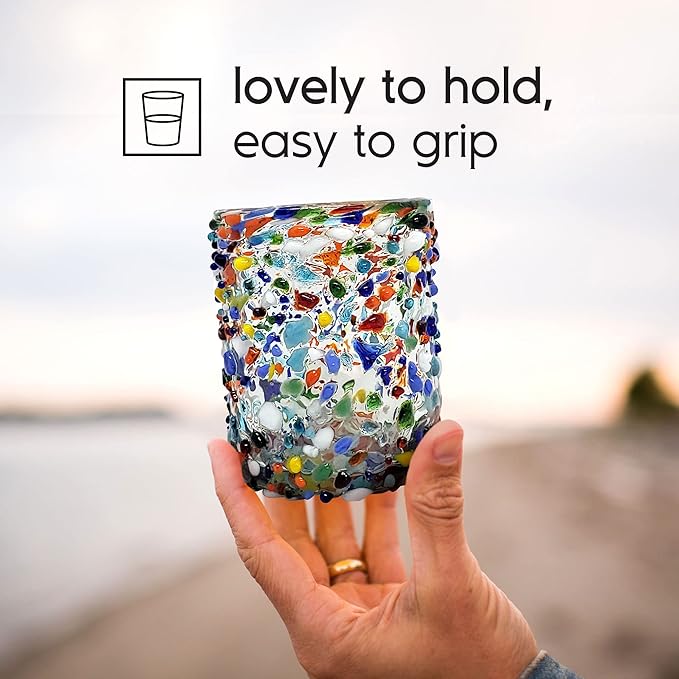 Confetti Rocks 10 oz Tumbler Glasses (set of 6) | Hand Blown Drinking Glasses, Multicolor Mexican Glassware Tumblers for Water, Juice, Margaritas & Cocktails | Lead-free, Toxin-Free
