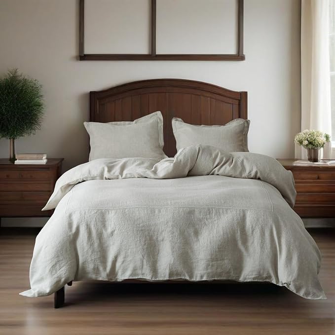 Simple&Opulence 100% Washed Linen Duvet Cover Set 68"x86" - 2 Pieces Soft Farmhouse Comforter Set Double Embroidered with Button Closure - 1 Duvet Cover and 1 Pillowsham (Linen, Twin)