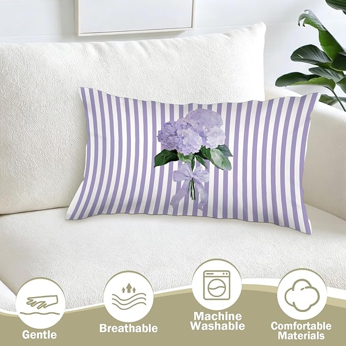Cottagecore Purple Hydrangea Floral 12x20 Pillow Cover, Preppy Girly Lavender Bow Botanical Flower Purple Striped Decorative Lumbar Pillow Cover for Girls Room Dorm Bedroom Living Room Home
