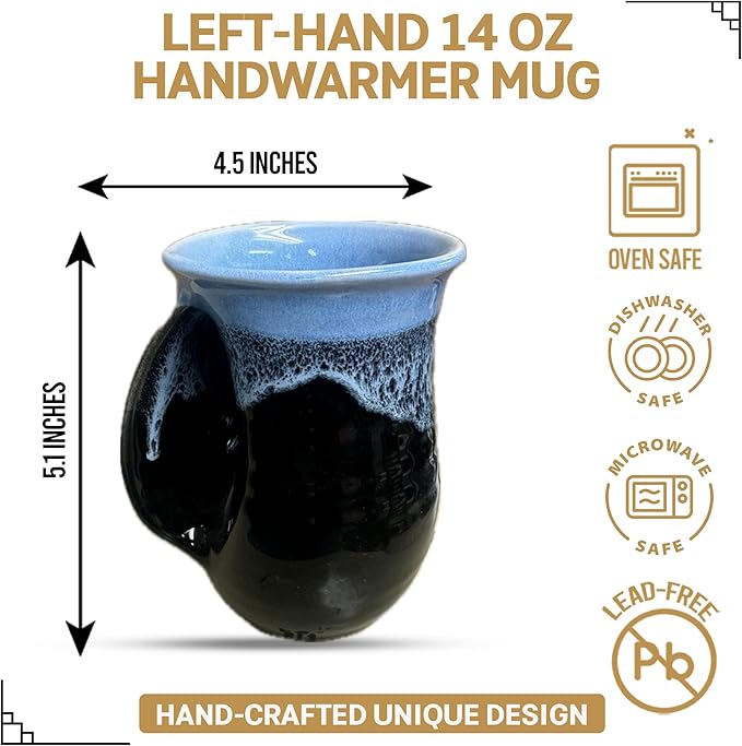 Clay in Motion Hand Warmer Coffee Mug – Handmade Coffee Mug With Comfortable Handle Contoured Pocket Hand Warming Ceramic Coffee Mug – Proudly Made in USA – Left Handed – 14 Oz - Lava Foam