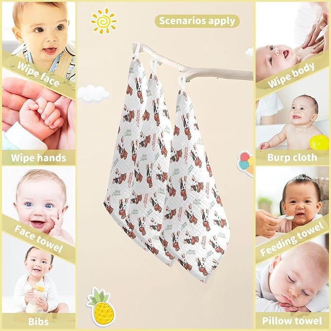 Baby Christmas French Bulldog Muslin Washcloths 3 Pack - Muslin Burp Cloths Hanky Large 11.8"X11.8" Extra Soft Absorbent Baby Burp Rags for Newborn 100% Cotton for Boys Girls Gift
