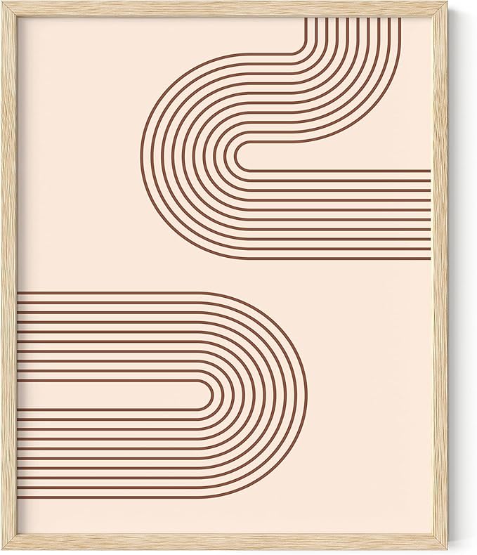 Abstract Double Wavy Arch Wall Art Minimalist S-Shape Lines Earth Tones Terracotta Brown 16x20 Inch Oak Wood Beige Framed Boho Geometric Print for Modern Living Room Decor