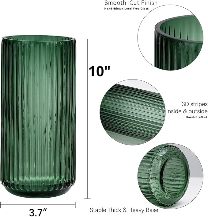 DECORPIA 10 Inch Premium Thickened Green Glass Vase - Ribbed Glass Flower Vase for Rustic Home Decor, Decorative Vases for Flowers for Modern Farmhouse, Ideal for Shelf, Mantle, Table Entryway Décor