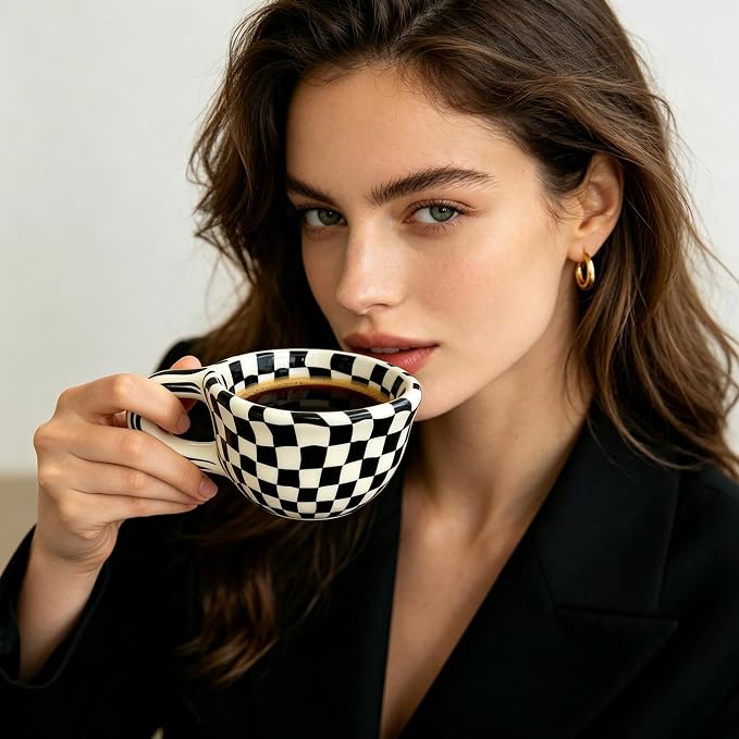 Ceramic Coffee Mug 5.7Oz Small Checkered Coffee Cups Alpine Pattern Hot Chocolate Cup Handmade Checkerboard Latte Mug Aesthetic Gift for Coffee Lovers Microwave Safe,Black checkered